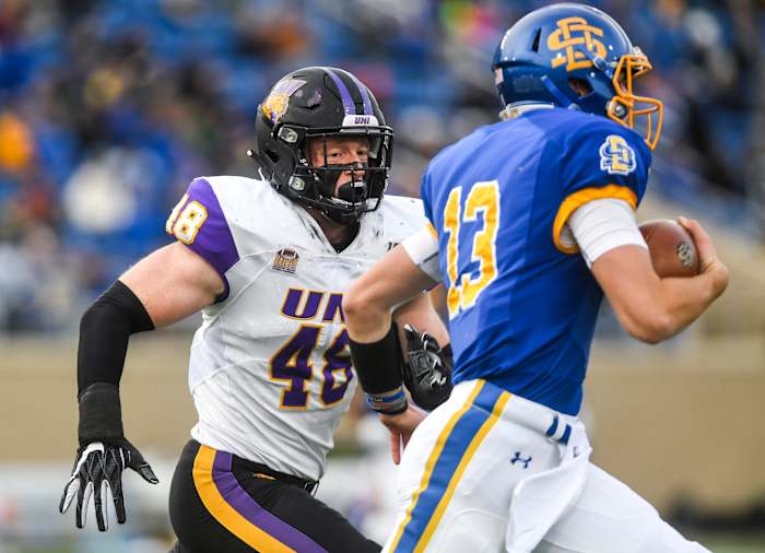 Northern Iowa's Chris Kolarevic (48) runs after SDSU's Keaton Heide (13) during a Missouri Valley Football Conference game on Saturday, Nov. 16, 2019, at Dana J. Dykhouse Stadium in Brookings, S.D.